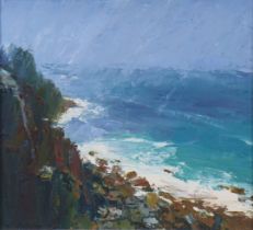 NEIL PINKETT (b. 1958). A seascape on the Cornish coast, signed lower left; oil on board: 44.5cm x