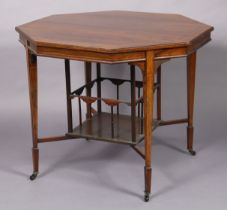 A Victorian rosewood octagonal centre table, the figured top with boxwood inlay & moulded edge,
