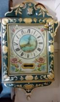 A 19th century French rectangular wall clock, painted with a central shipping scene to the 29cm