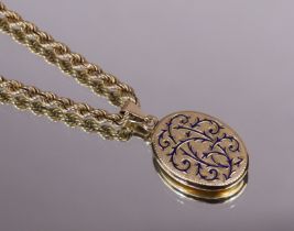 A 9ct. gold rope-twist necklace, 61cm long (14.5gm), with pendant yellow metal & enamel oval