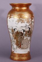 A late 19thC Japanese Kutani porcelain baluster vase with finely painted scenes of ladies & cranes