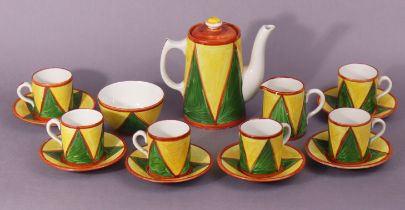 A Clarice Cliff Original Bizarre 14-piece coffee set (settings for six) with painted overlapping