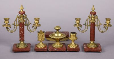 A 19th century Continental rouge marble & gilt-brass mounted desk set, comprising a pair of twin-