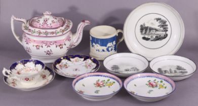 Three early 19th century English porcelain silver-banded saucer dishes with bat-printed landscape