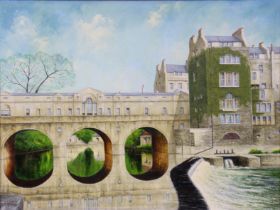 HARRY GIBBINS (20th century). Three Bath views: Pulteney Bridge & the Weir, Bath Abbey from Parade