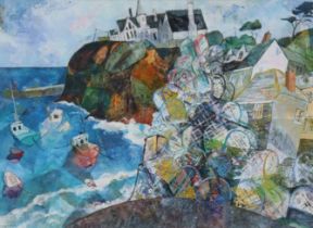 JENNY GREVATTE (b. 1951). “Lobster pots on the quay at Port Isaac”; signed, dated ’06 lower left;