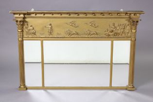 A regency gilt frame triple-panel overmantel mirror with classical figure scene decoration, inset
