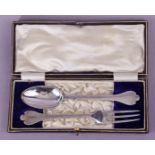 An Edwardian silver trefid rat-tail christening fork & spoon; London 1908, by Francis Higgins III,