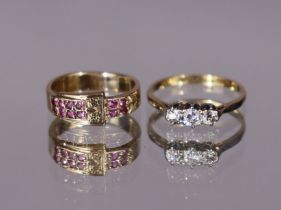 An 18ct gold & platinum ring set three small graduated diamonds, size: J/K (1.6gm); & a yellow metal