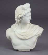 A modern sculpted marble roman bust of Apollo, after the antique, 40cm high x 30cm wide.