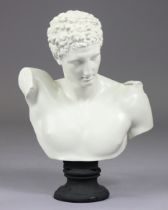 A 20th plaster bust of Hermes, after the antique, on round socle, 51cm high x 40cm wide (later