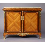 A 19th century LOUIS XVI-STYLE KINGWOOD & AMARANTH MARBLE-TOP SIDE CABINET, with gilt-metal