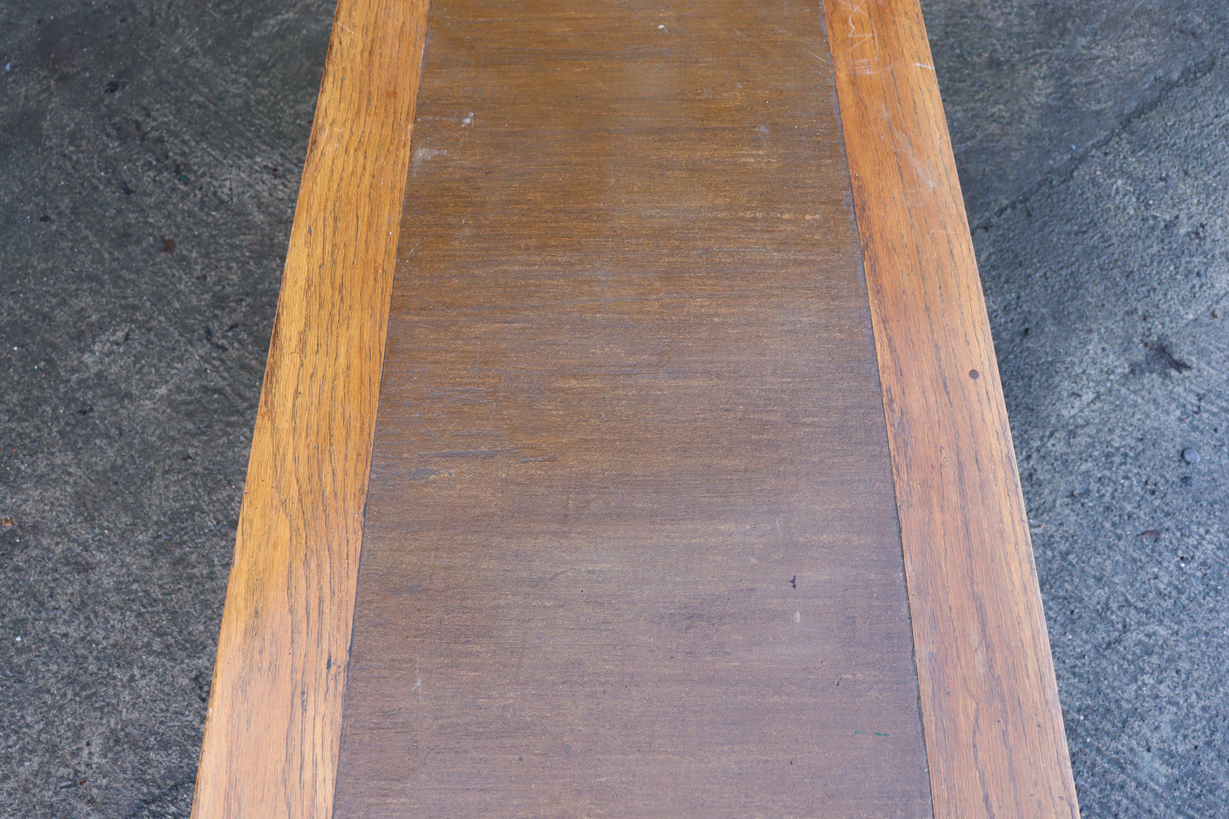 An oak office writing table inset brown leather to the narrow rectangular top, & on four square - Image 7 of 8