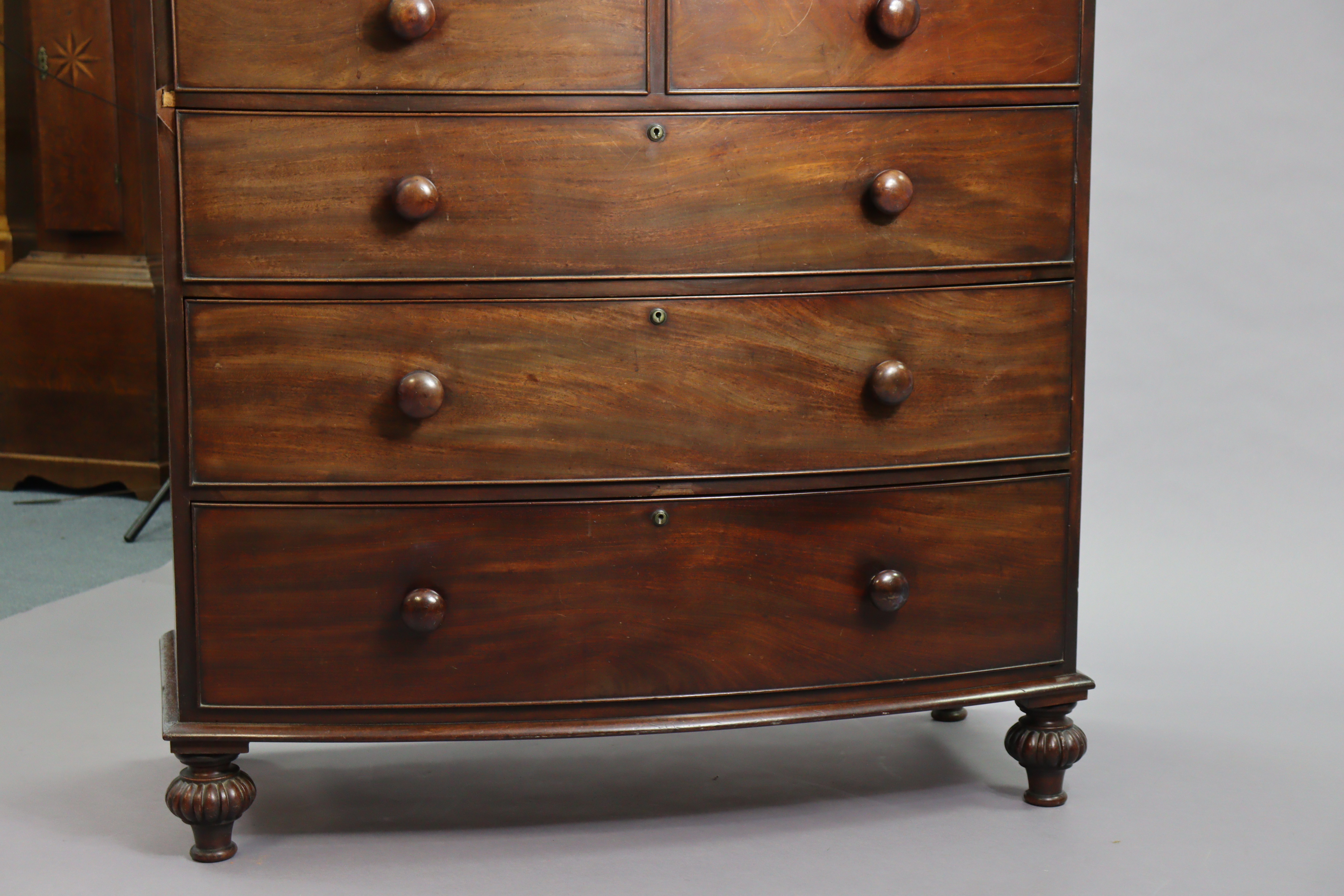 A 19th century mahogany bow-front chest fitted two short & three long graduated drawers with - Image 6 of 8