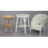 A white painted loom tub-shaped chair; a similar circular two-tier occasional table, 56cm diameter x