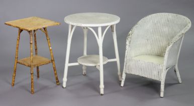 A white painted loom tub-shaped chair; a similar circular two-tier occasional table, 56cm diameter x