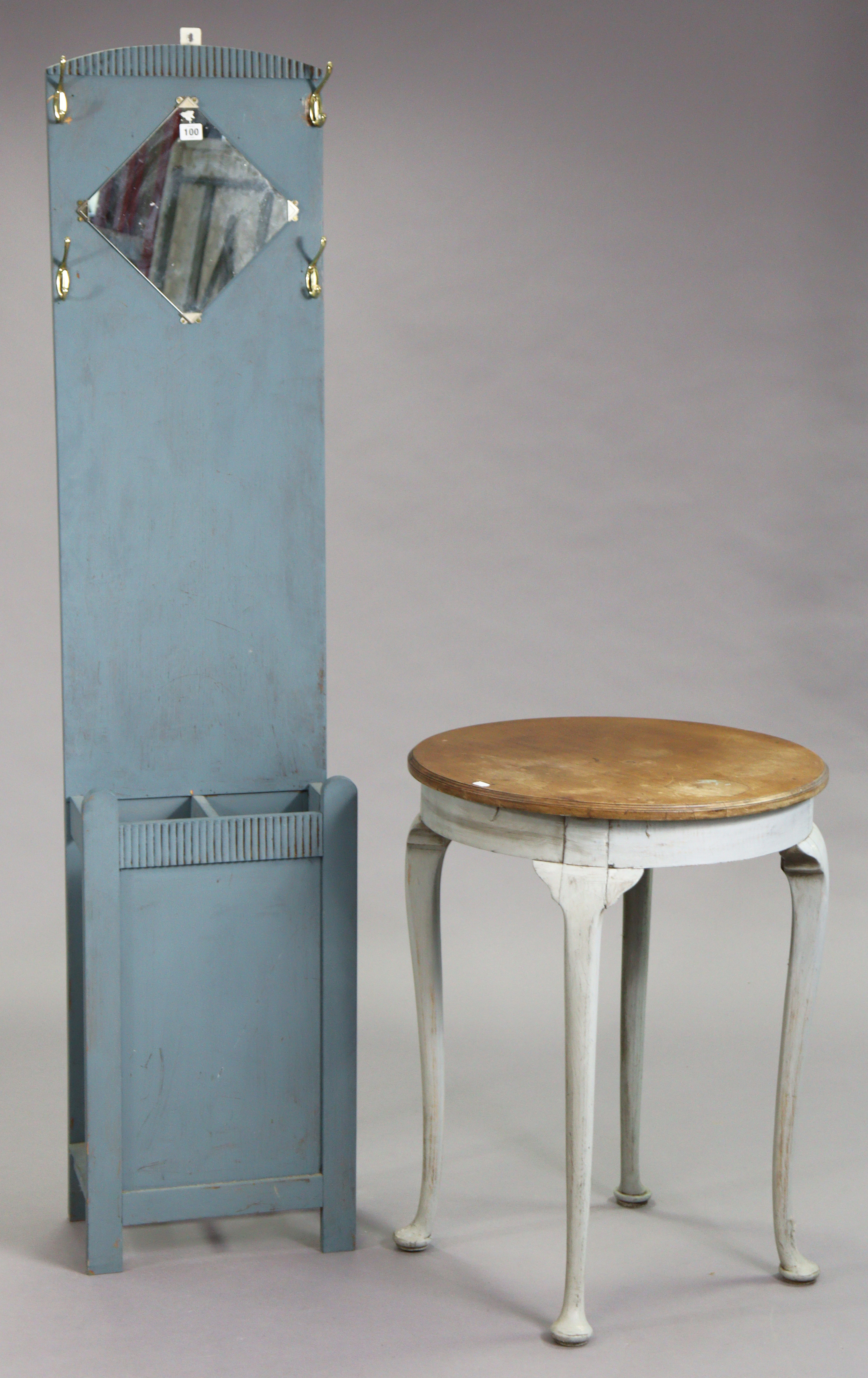 A blue painted oak hall stand inset with a mirror to the top, 40cm wide x 177cm high; & a