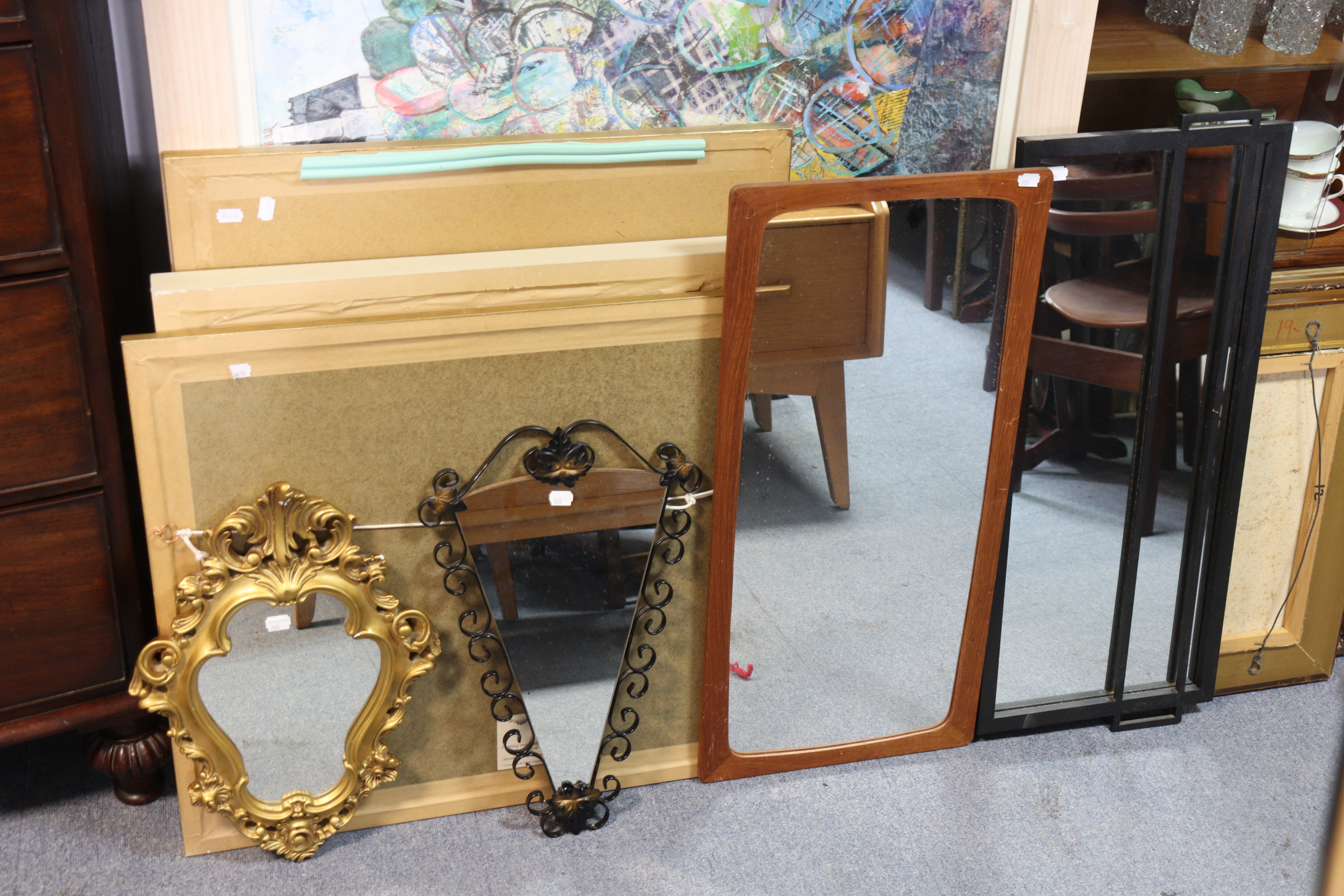 A gilt frame convex wall mirror with a pierced & raised scroll border, 59cm diameter; together - Image 5 of 5
