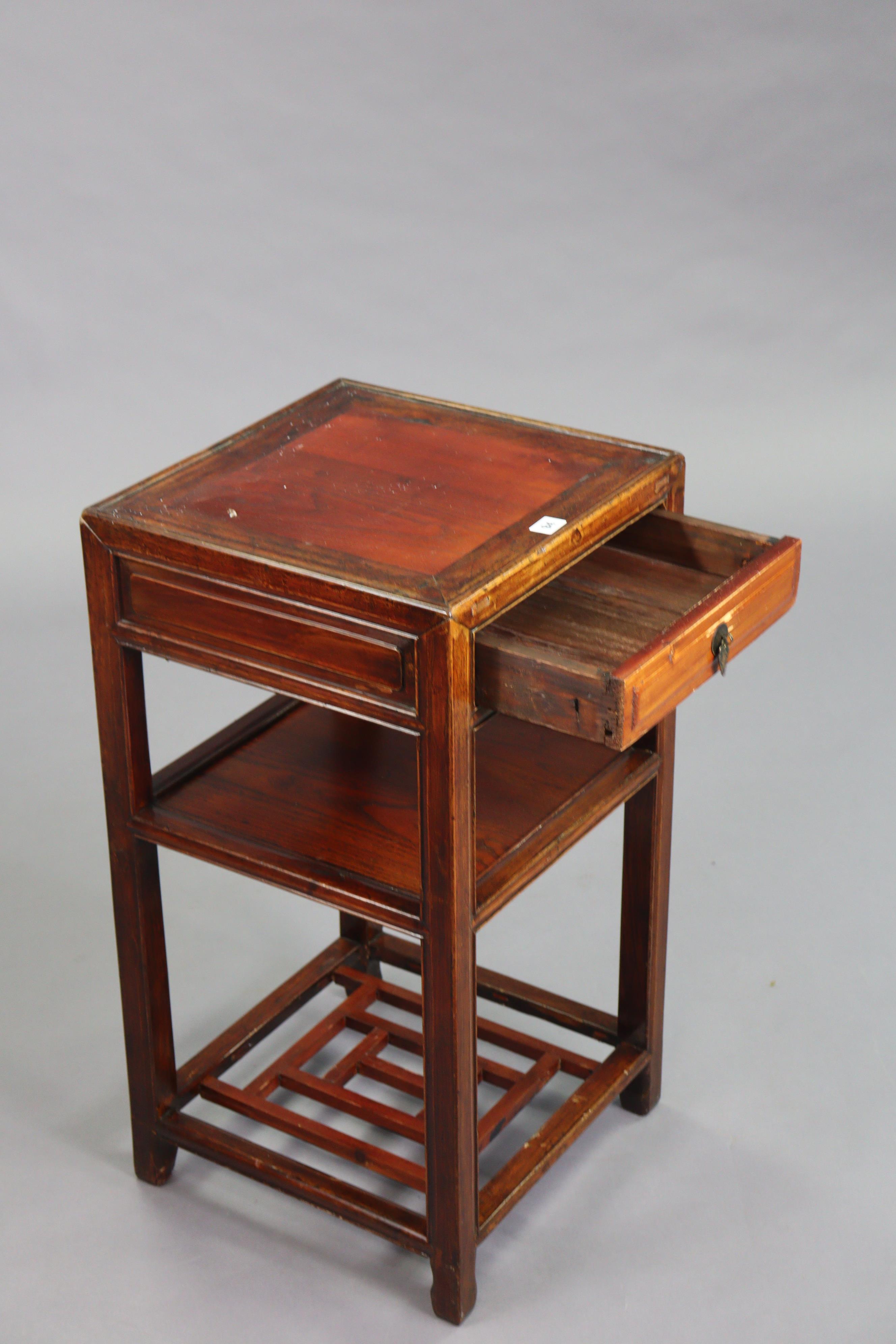 A Chinese hardwood square three-tier occasional table fitted frieze drawer to the upper tier, & on - Image 2 of 6