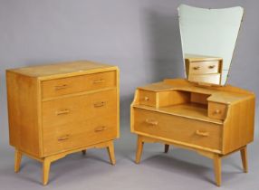 A mid-20th century E. Gomme G-Plan light oak bedroom pair comprising of a small chest of three