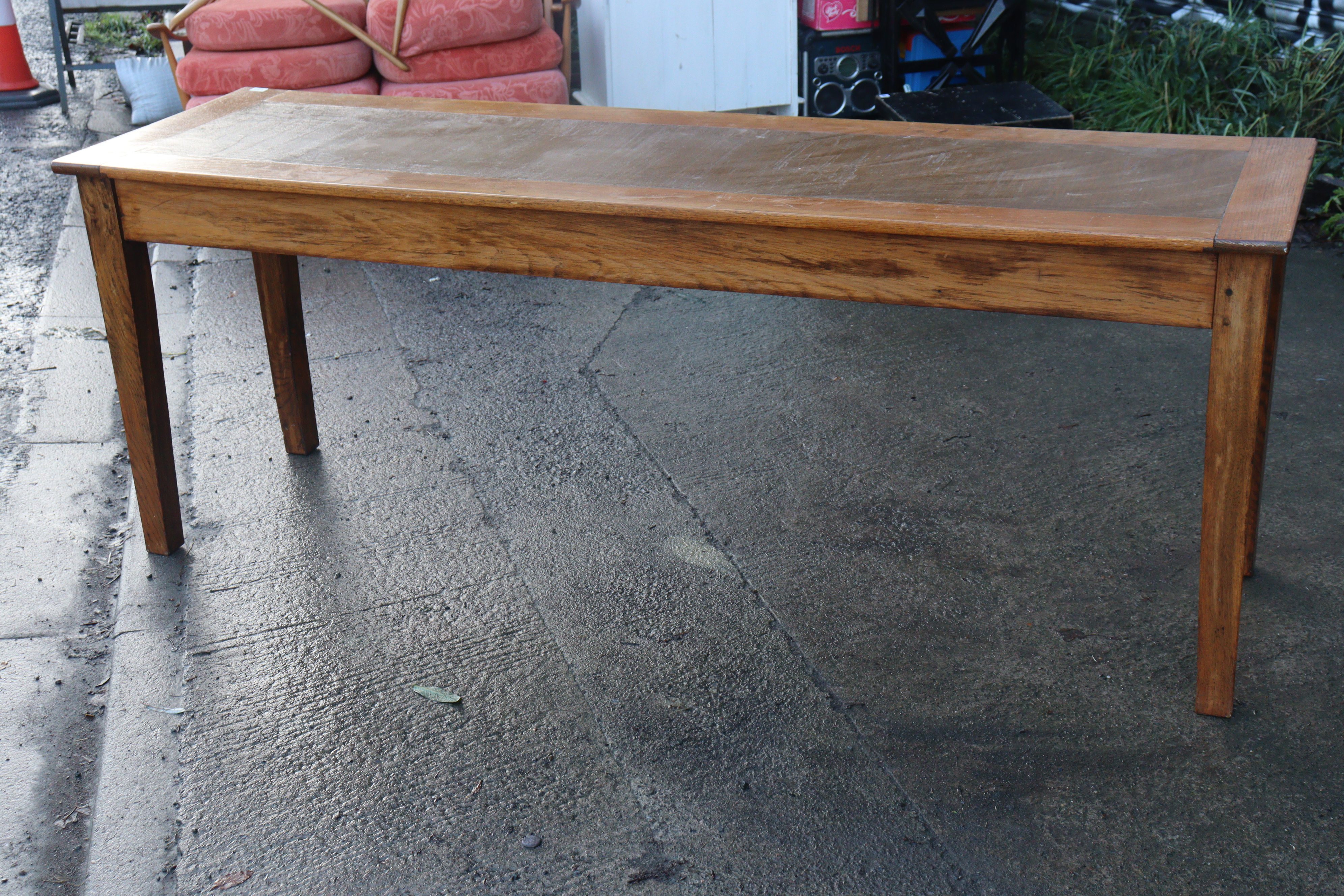 An oak office writing table inset brown leather to the narrow rectangular top, & on four square - Image 5 of 8