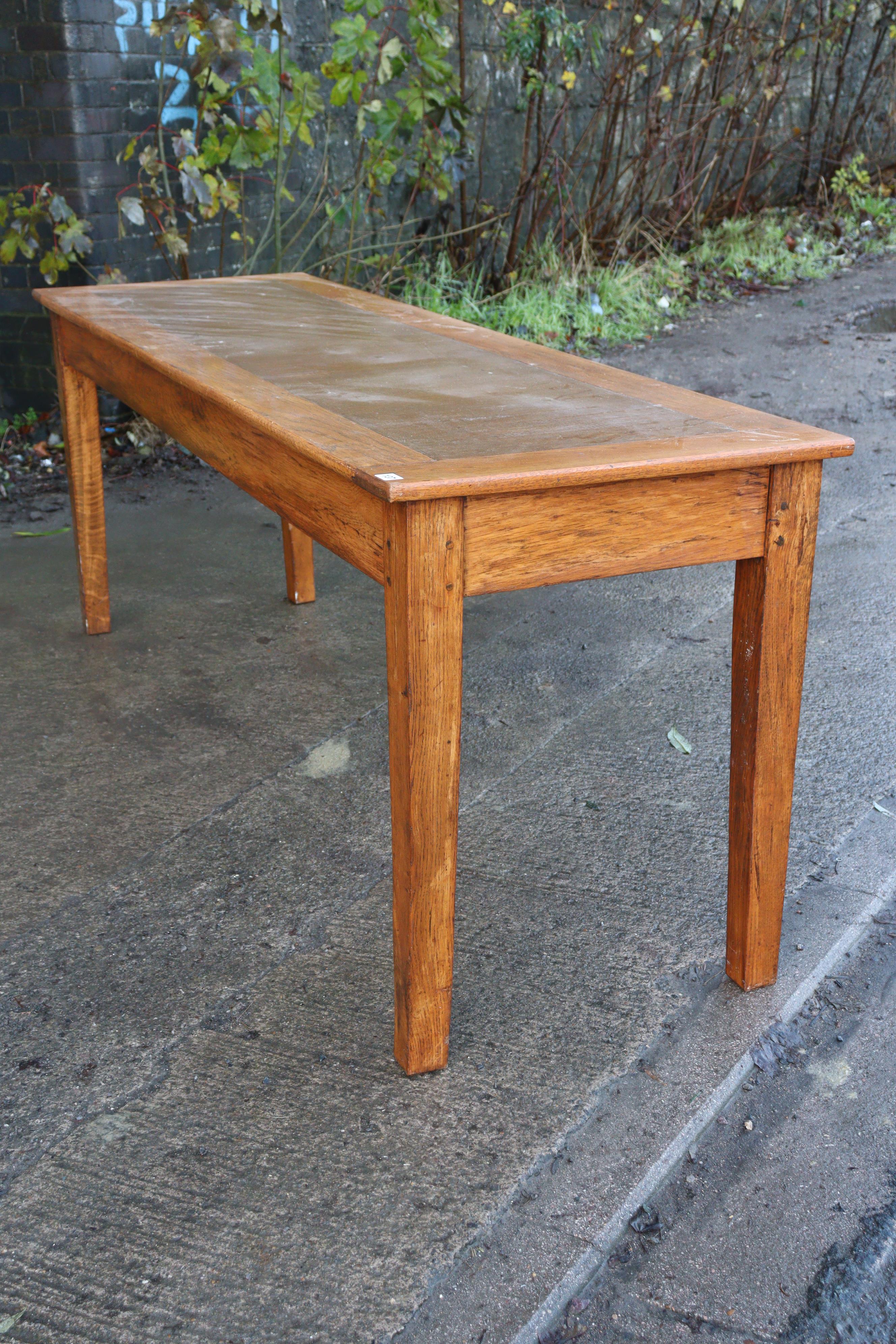 An oak office writing table inset brown leather to the narrow rectangular top, & on four square - Image 4 of 8