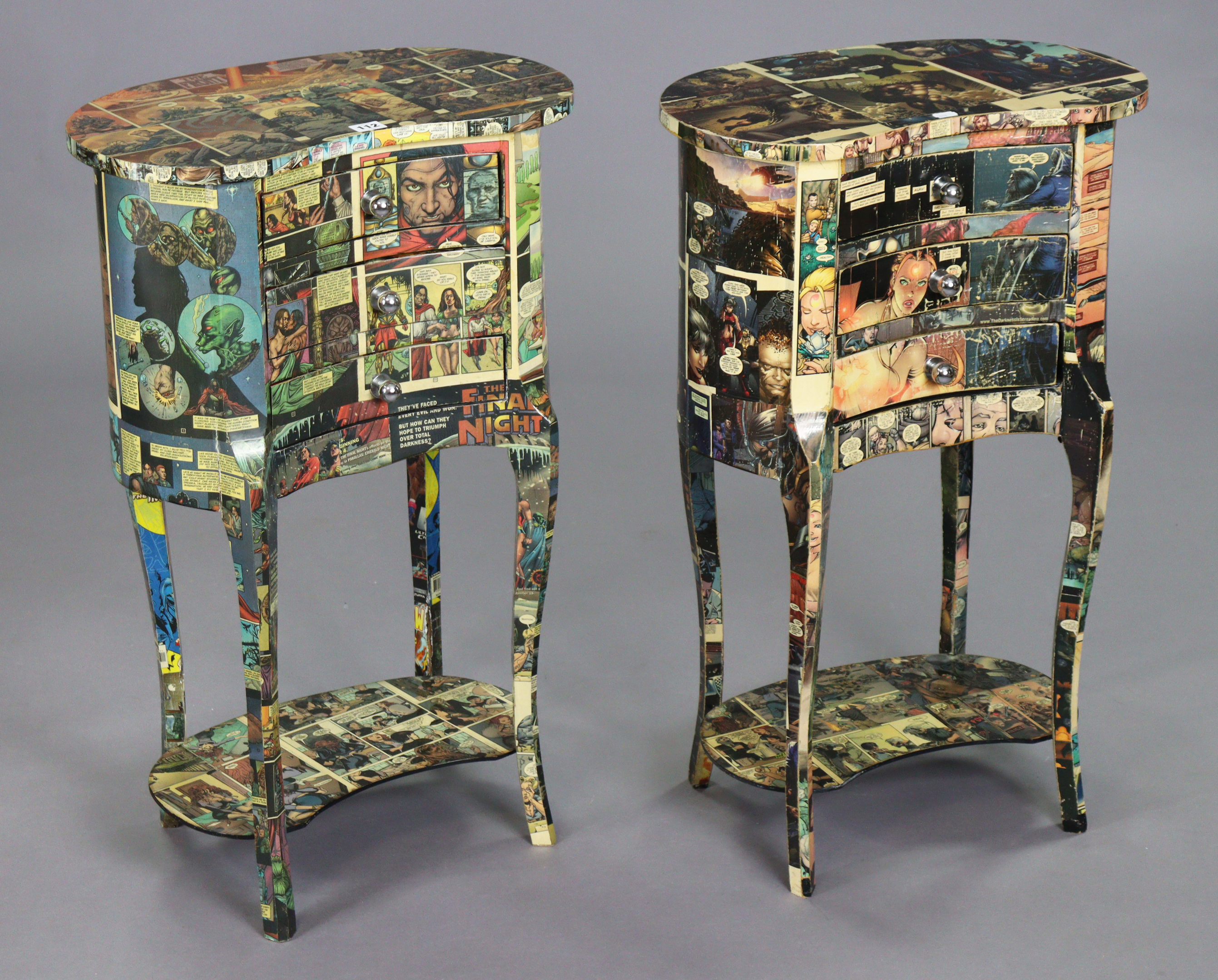 A pair of modern decoupage kidney-shaped occasional tables each covered in comic-strips, fitted - Image 5 of 7