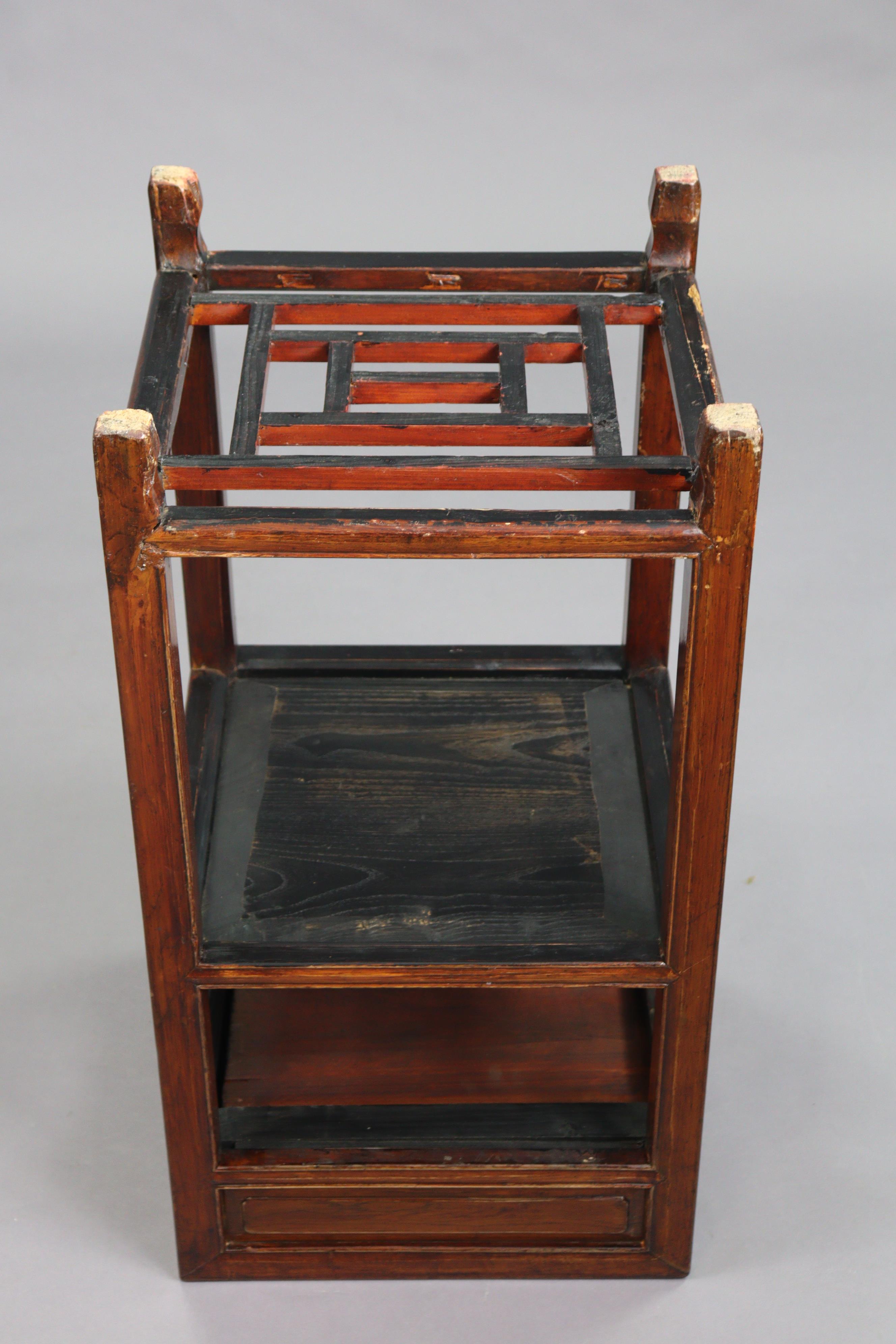 A Chinese hardwood square three-tier occasional table fitted frieze drawer to the upper tier, & on - Image 6 of 6