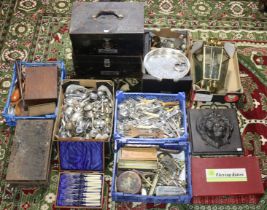 Various items of platedware & cutlery; brass ceiling light fittings; two metal storage boxes; &