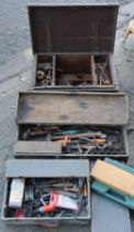 Four vintage wooden tool chests containing numerous hand tools & accessories.