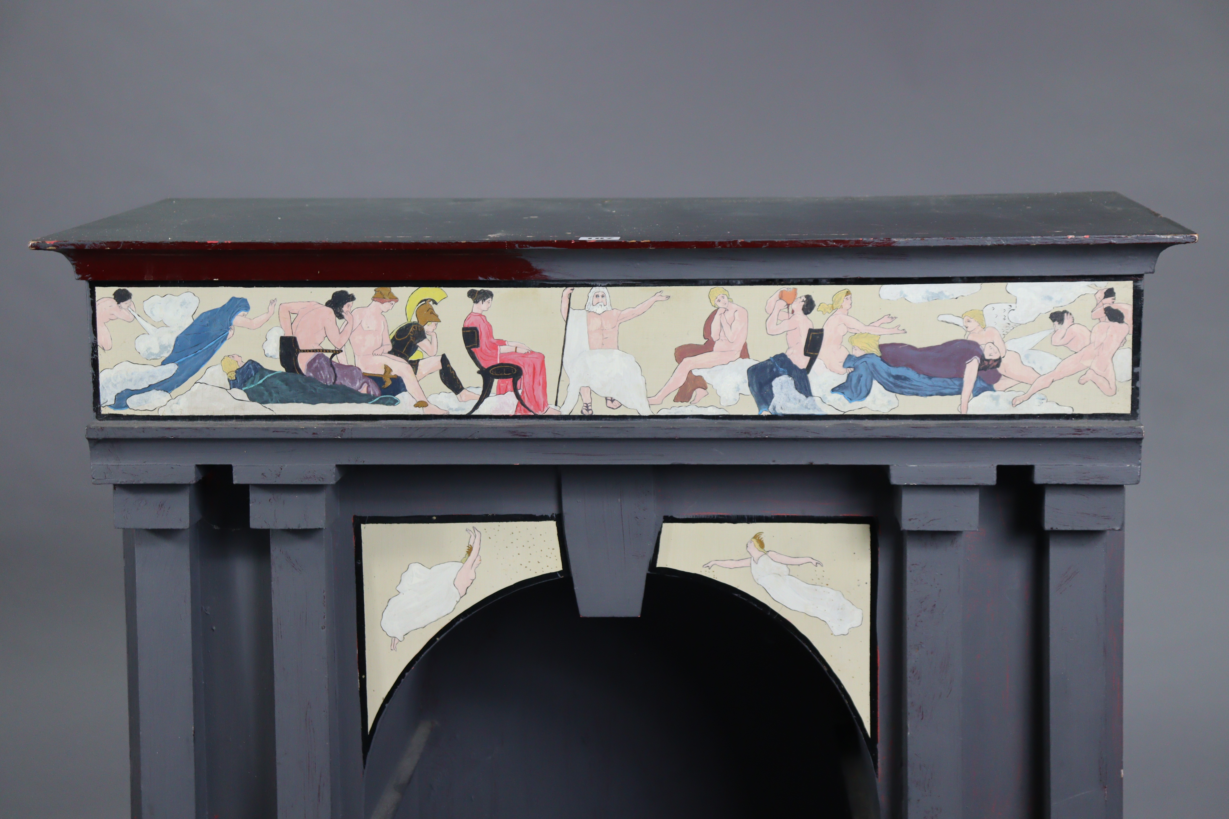 A 19th century-style grey painted wooden hall table with figure-scene decoration to the frieze & - Image 2 of 6