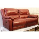 A burgundy leather three-seater electric-operated reclining settee, 198cm long.