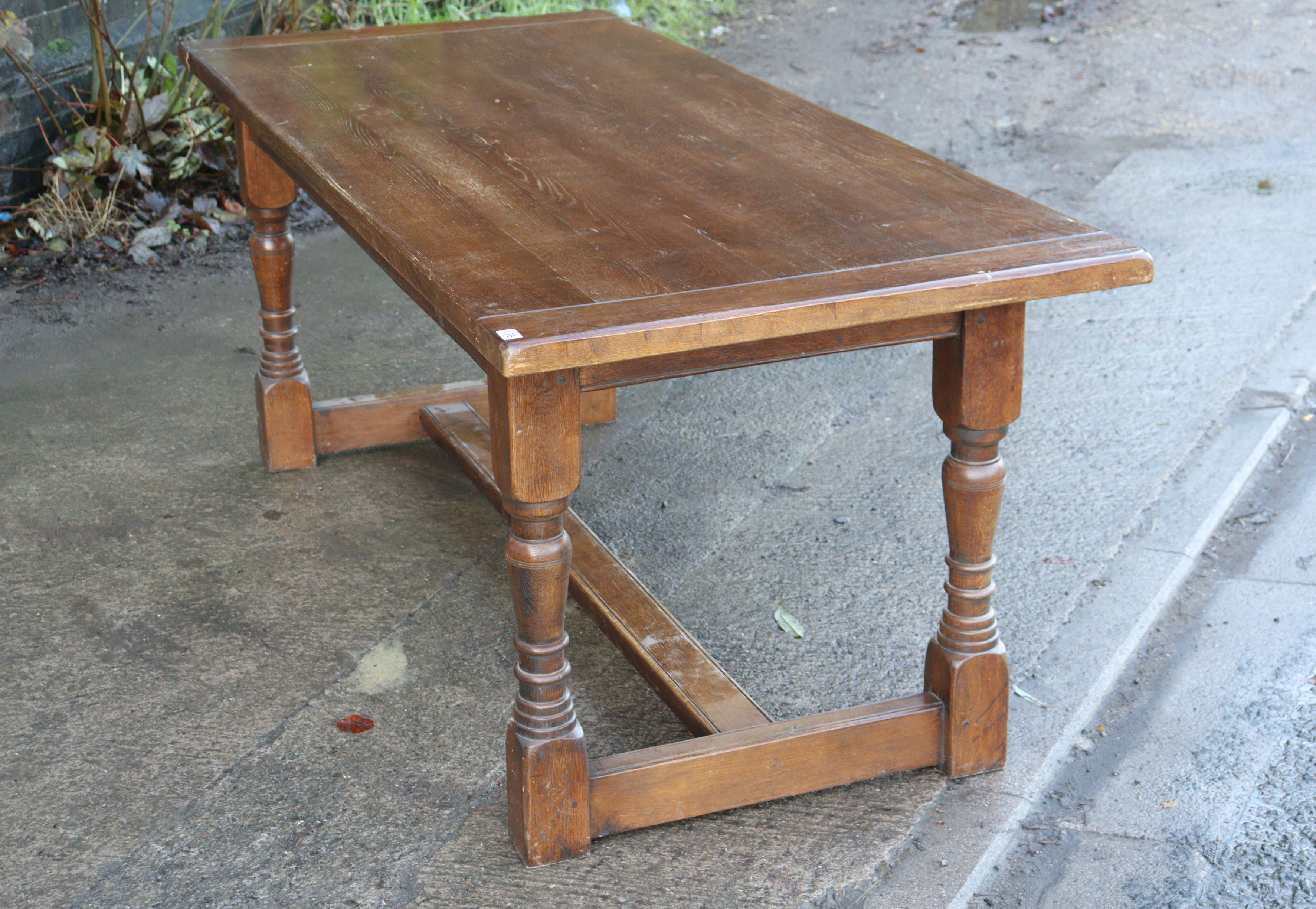 An oak refectory table with a rectangular top, & on four baluster turned legs with plain stretchers, - Image 5 of 10