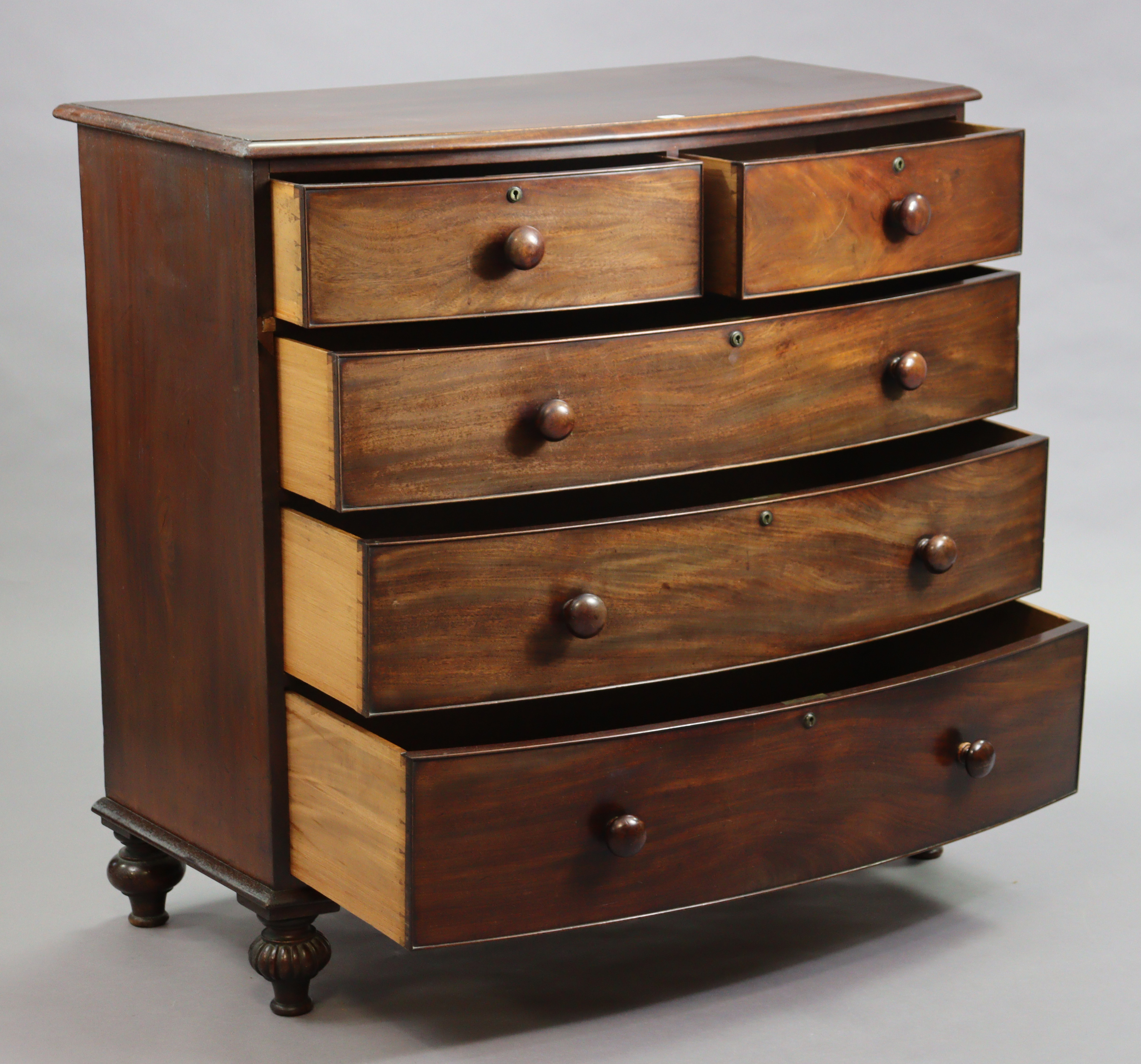A 19th century mahogany bow-front chest fitted two short & three long graduated drawers with - Image 2 of 8