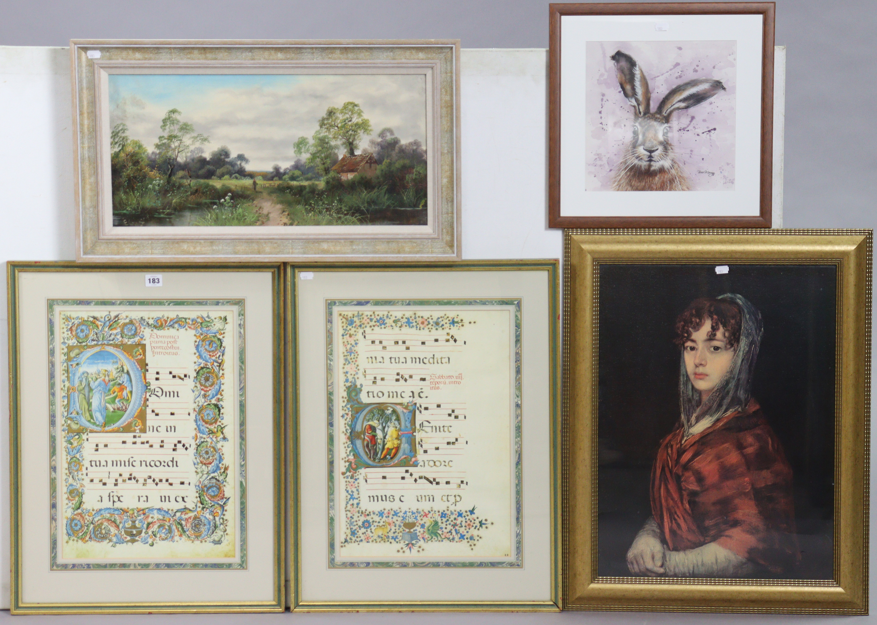 Two coloured sheet-music scores; three other decorative pictures; & two wall mirrors.