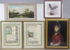 Two coloured sheet-music scores; three other decorative pictures; & two wall mirrors.