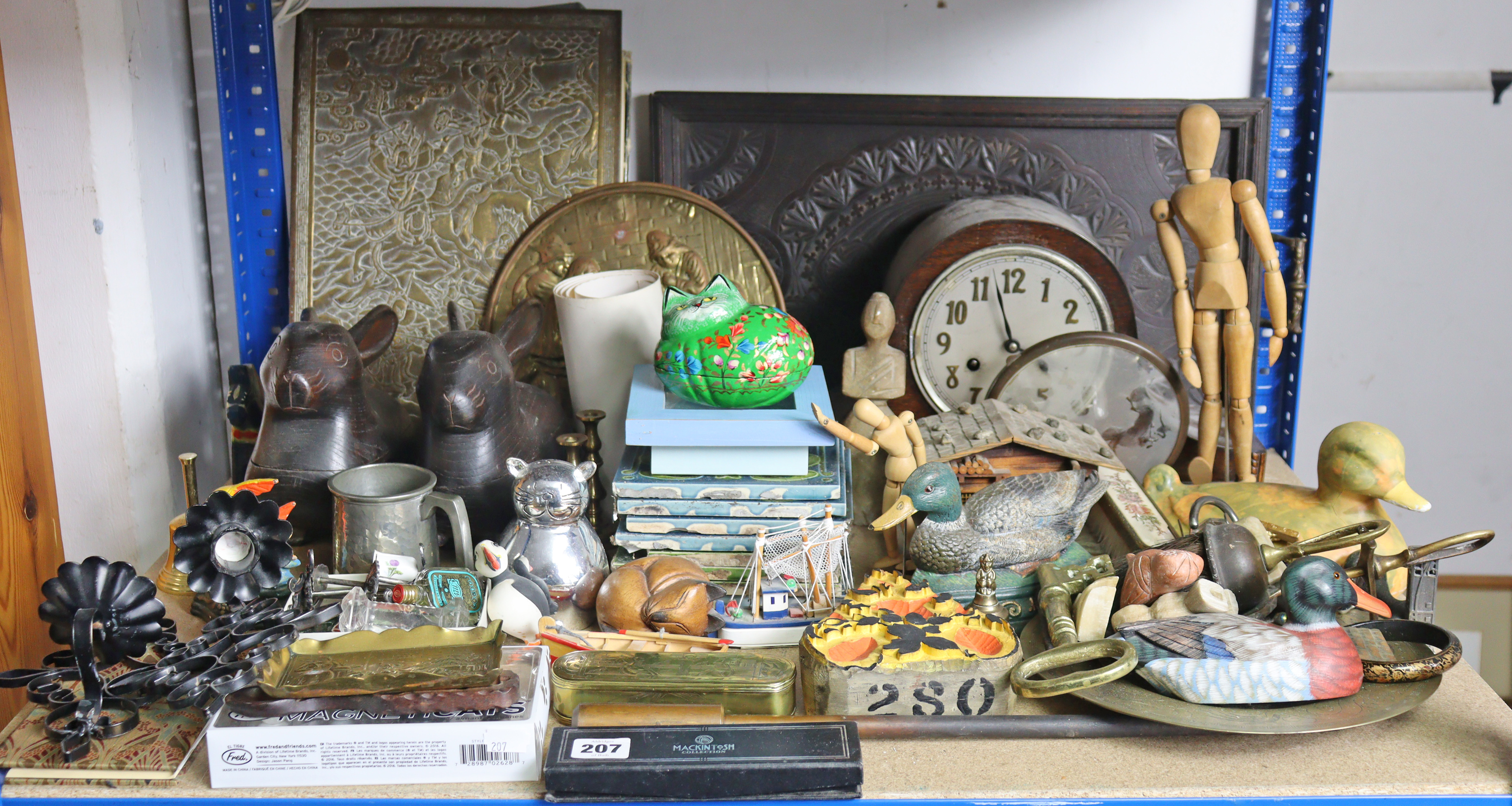 An oak cased mantel clock; a carved wooden rectangular two-handled tea tray; four table lamp