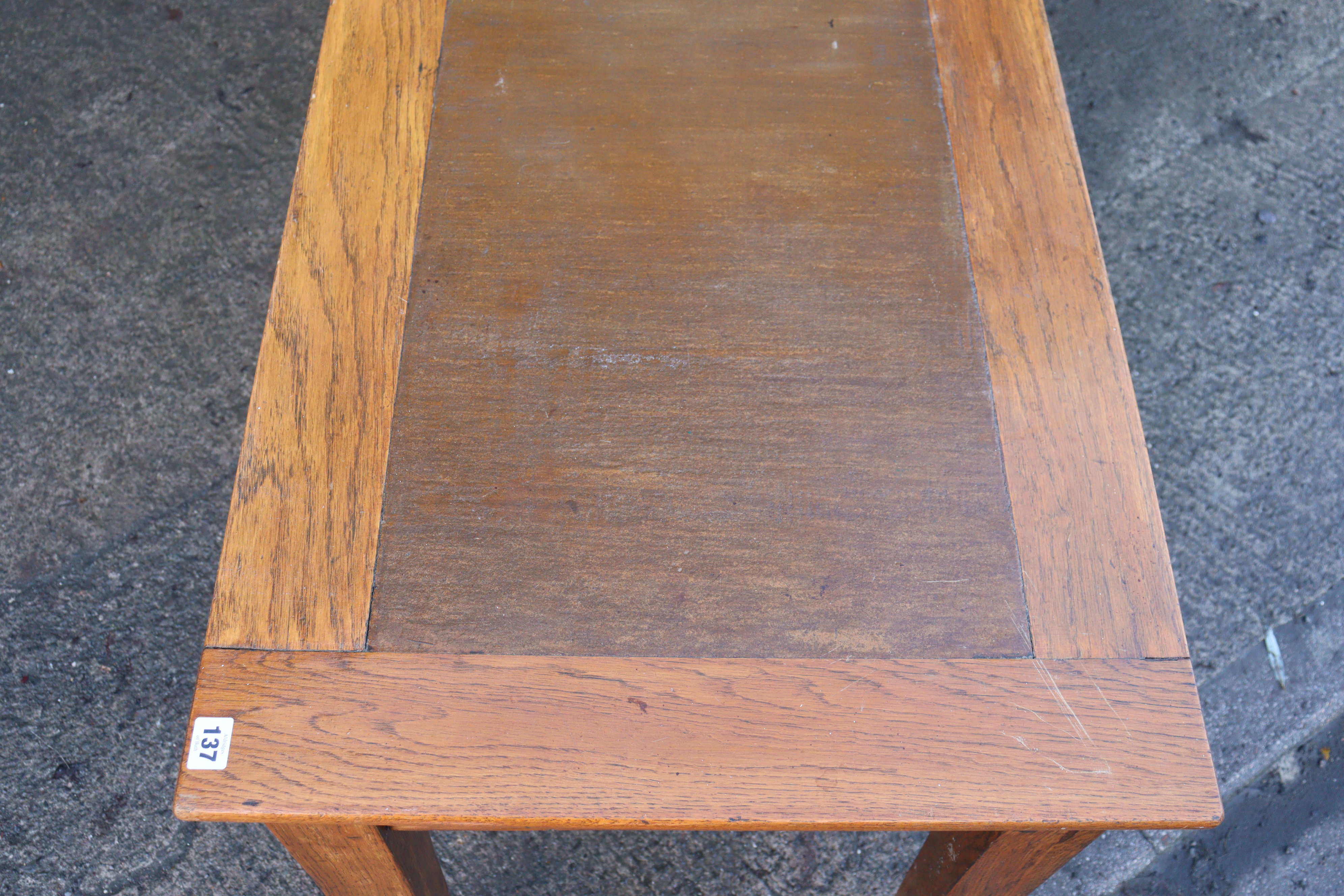 An oak office writing table inset brown leather to the narrow rectangular top, & on four square - Image 6 of 8