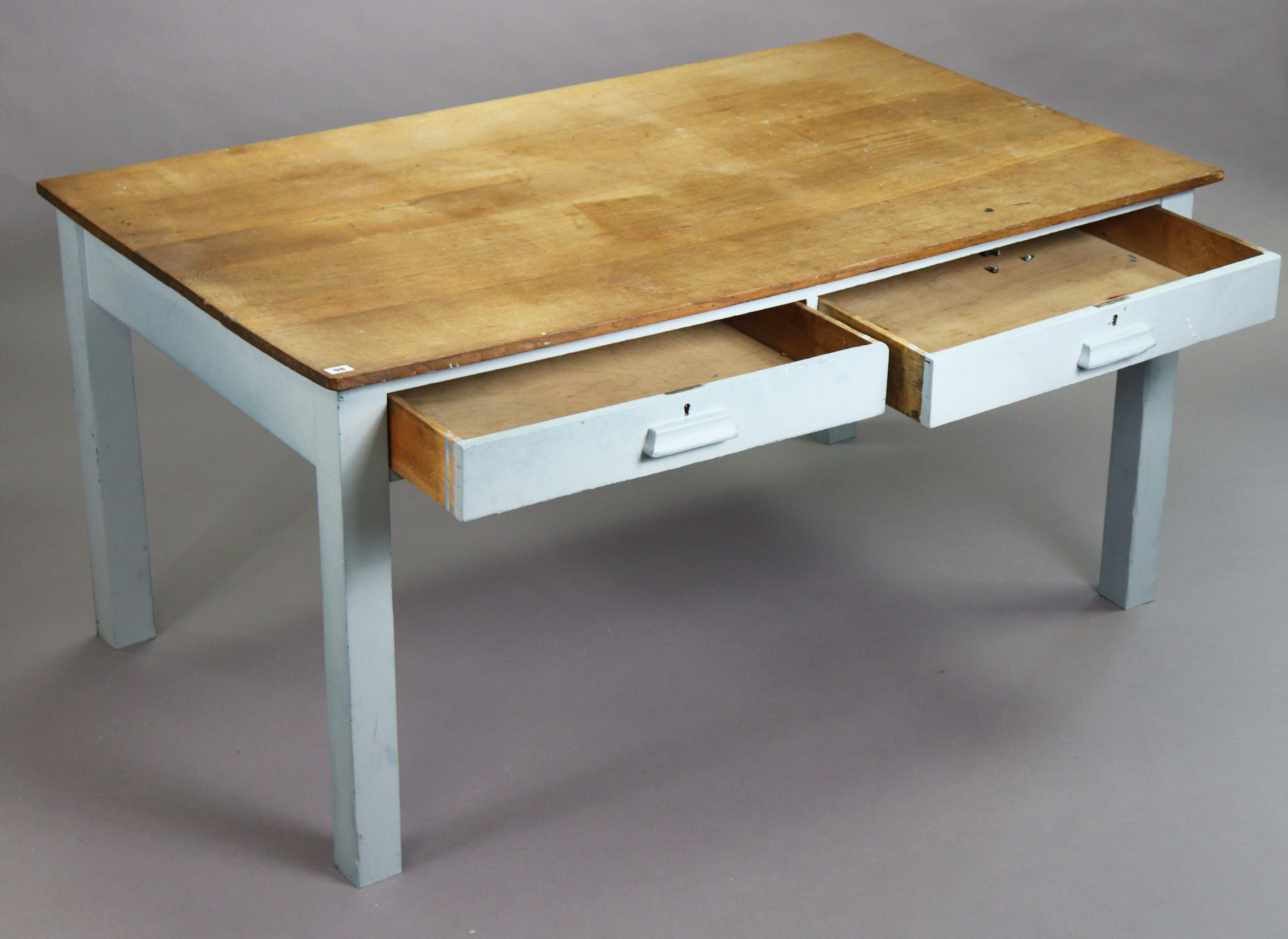 An oak kitchen table with a rectangular top, the pale blue painted underframe fitted two frieze - Image 2 of 7