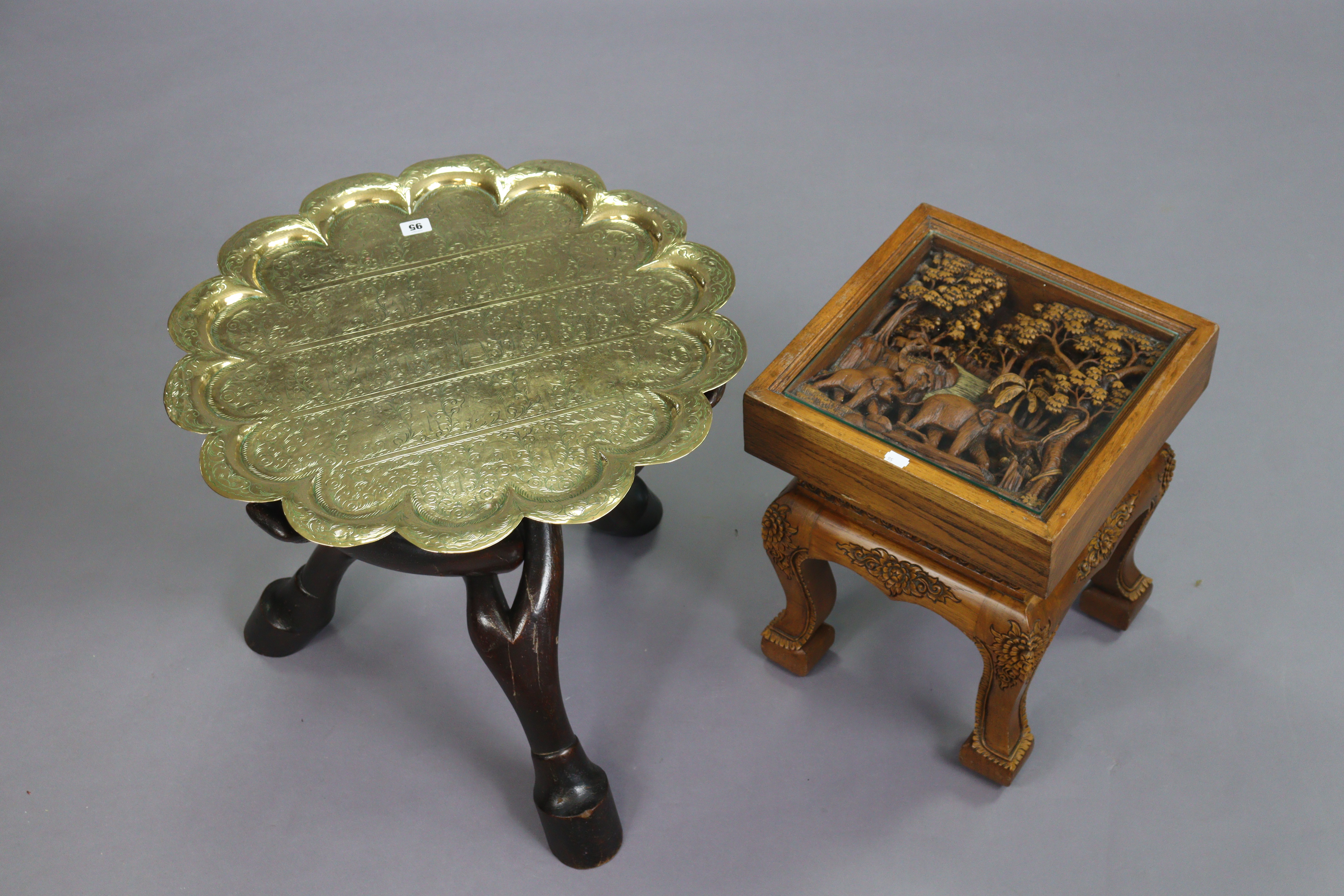 An eastern brass engraved circular occasional table on a wooden folding stand, 59cm diameter x - Image 2 of 5