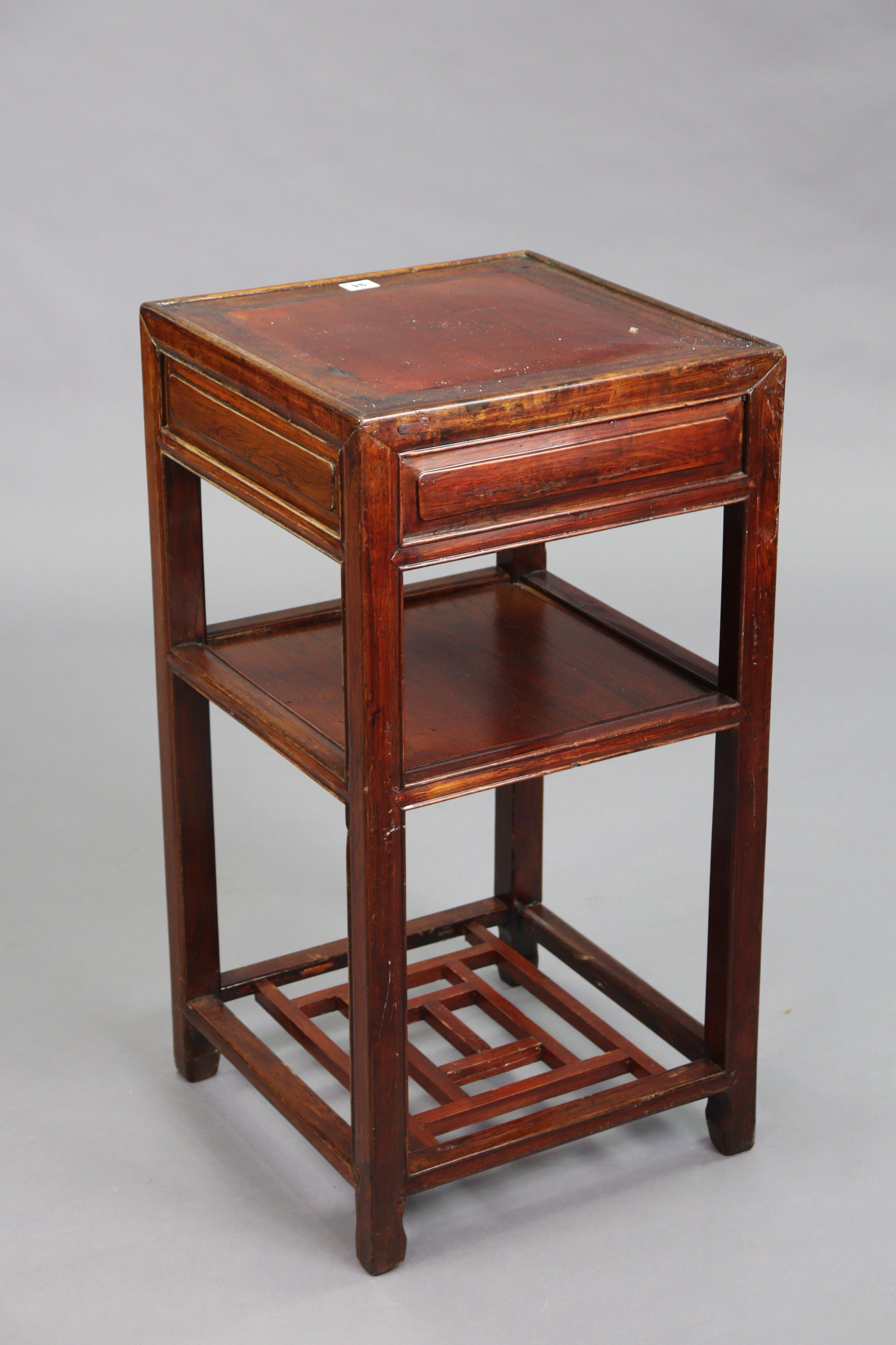 A Chinese hardwood square three-tier occasional table fitted frieze drawer to the upper tier, & on - Image 5 of 6