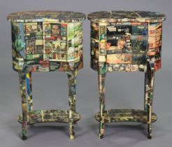 A pair of modern decoupage kidney-shaped occasional tables each covered in comic-strips, fitted
