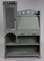 An arts & crafts grey painted wooden writing cabinet fitted with numerous cupboards, drawers &