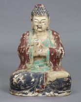 A large carved wooden buddha figure with painted decoration, 68cm high; & various items of china, p