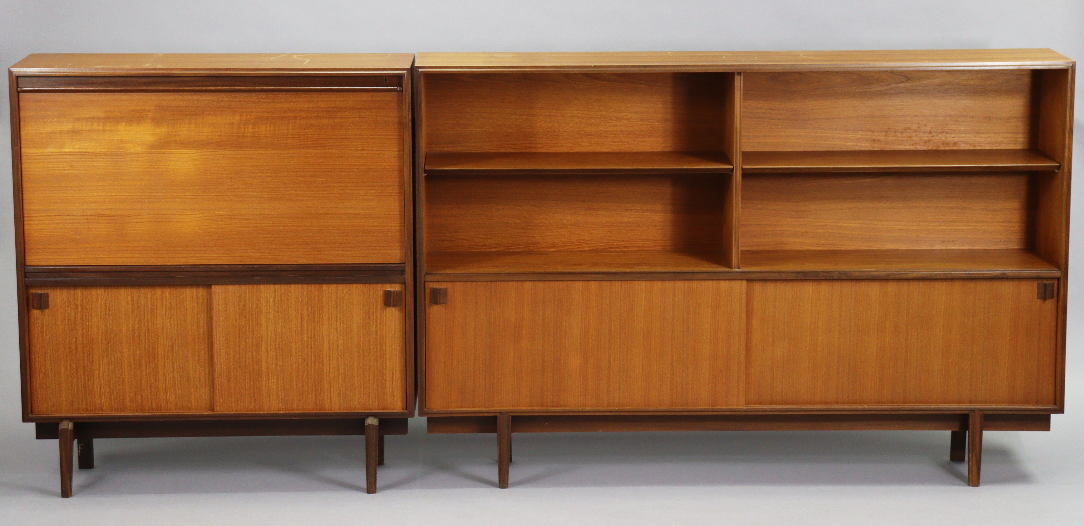 A mid-20th century teak tall wall unit fitted with an arrangement of shelves & cupboards, & on short - Image 4 of 10