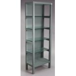 A light grey painted pine tall five-tier standing open display unit fitted with plate-glass shelves,