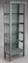 A light grey painted pine tall five-tier standing open display unit fitted with plate-glass shelves,