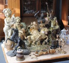 Two spelter warrior figures; three cherub ornaments; & various other figures, etc, part w.a.f.