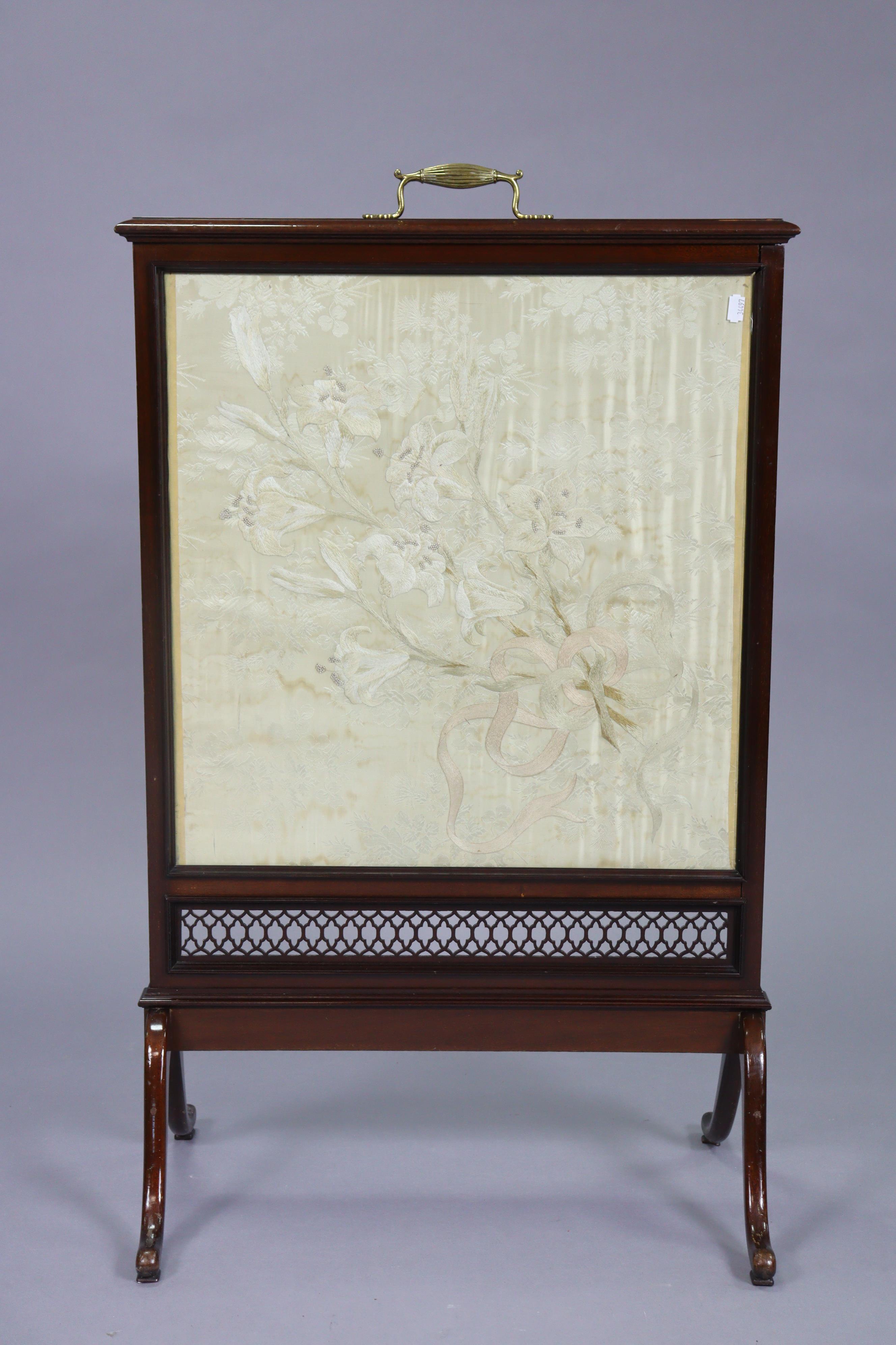 An Edwardian mahogany fire-screen inset with a silk embroidered floral panel, & on a mahogany tripod - Image 2 of 2