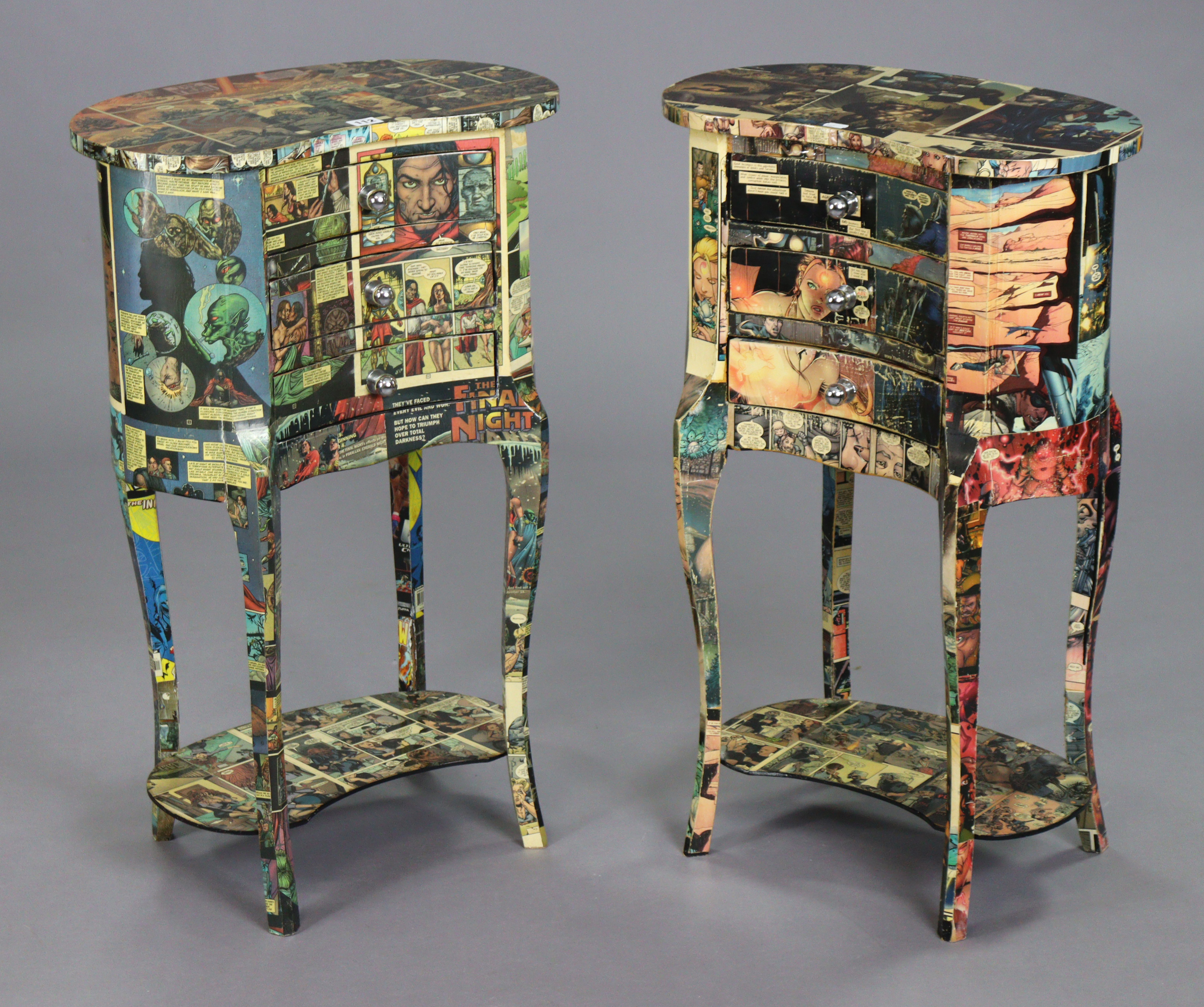 A pair of modern decoupage kidney-shaped occasional tables each covered in comic-strips, fitted - Image 2 of 7